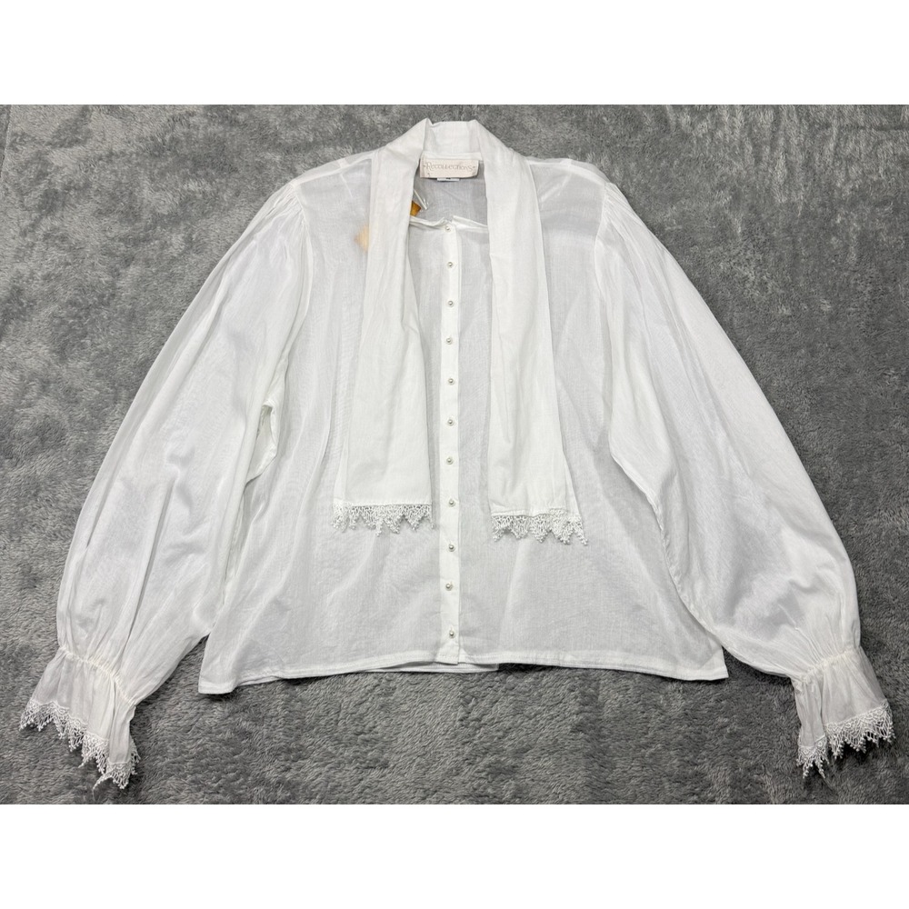Recollections Blouse XL White Puff Sleeves Victorian Pearl Lace Shirt Cotton NEW